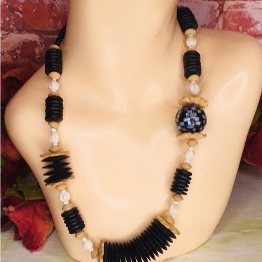Vintage Black and Cream African Inspired Wooden Beaded Statement Necklace
